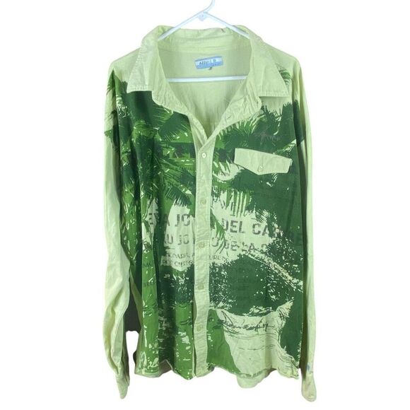 Azzure Mens Green Knit Hawaiian Palm Tree Print Long Sleeve Button Up Shirt 3XL - Picture 1 of 7